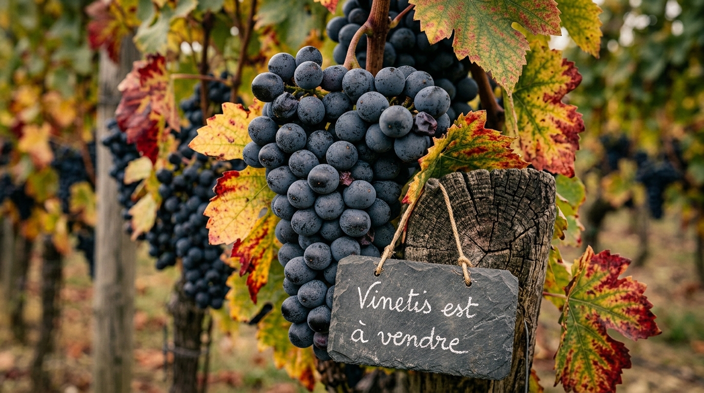 Vinetis à vendre : grappe de raisin noir dans les vignes et ardoise « Vinetis est à vendre »